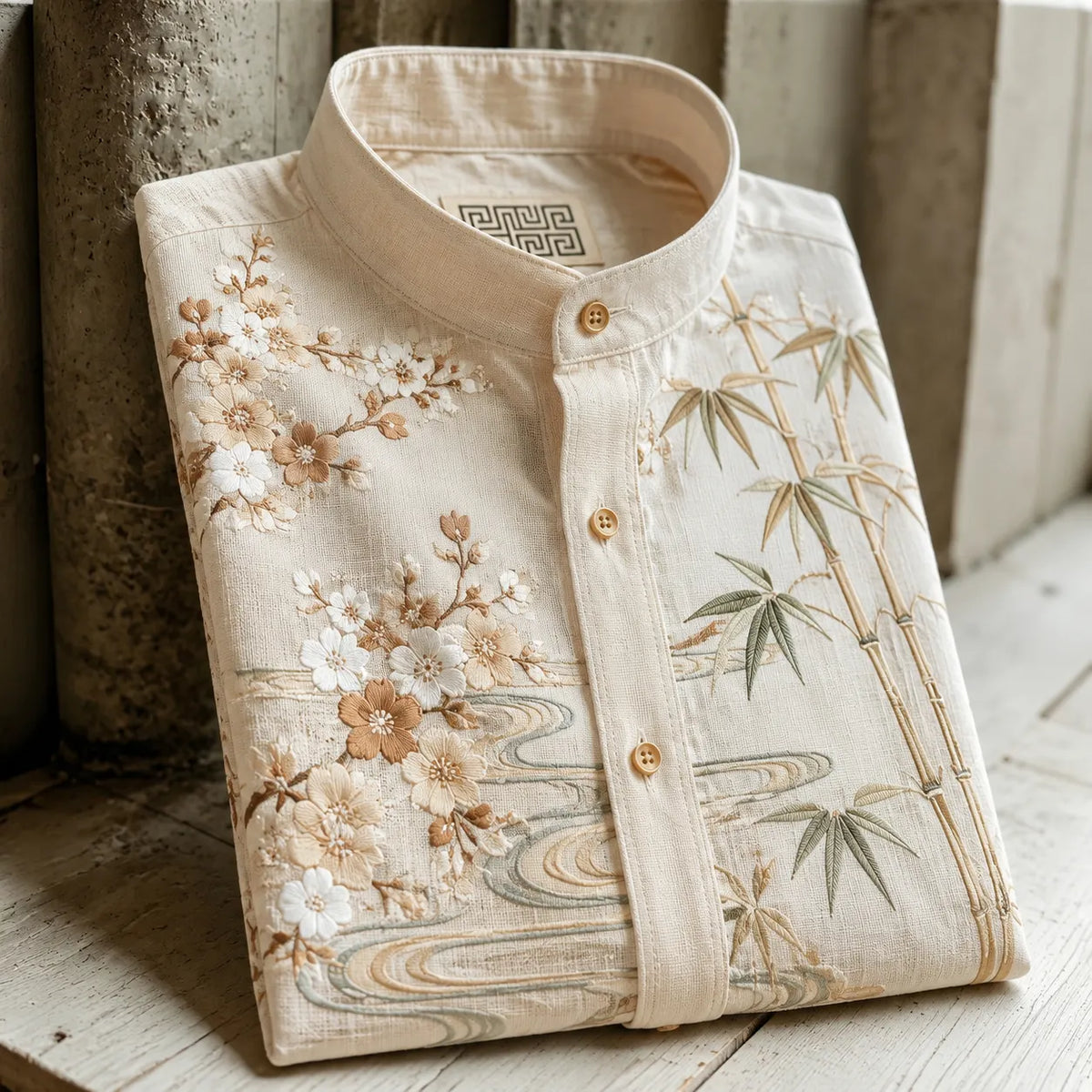 Men's Retro Sakura & Bamboo Oriental Style Casual Shirt