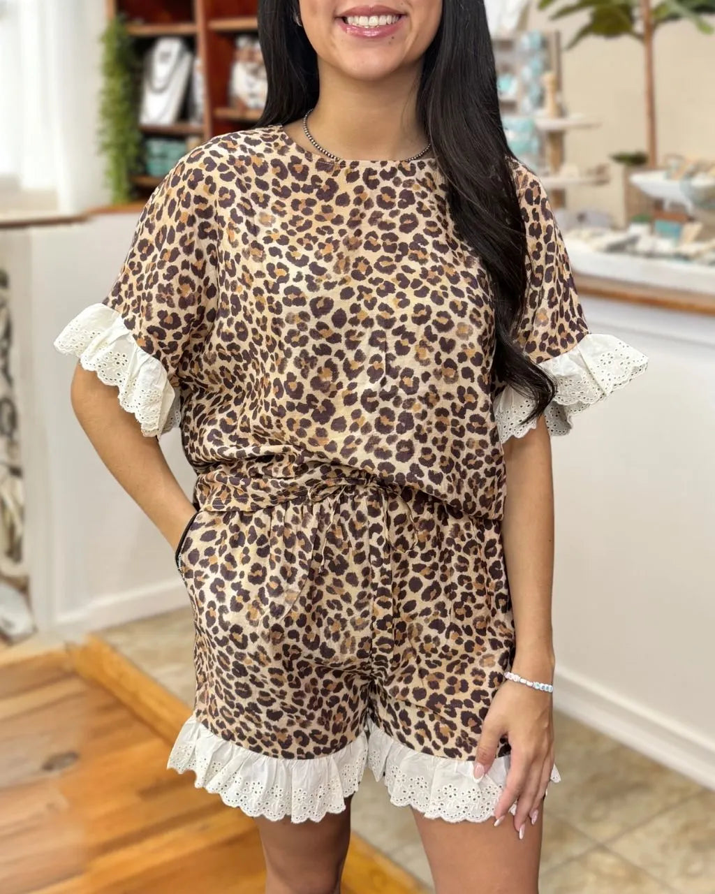 Leopard Lace-trimmed Shorts Set