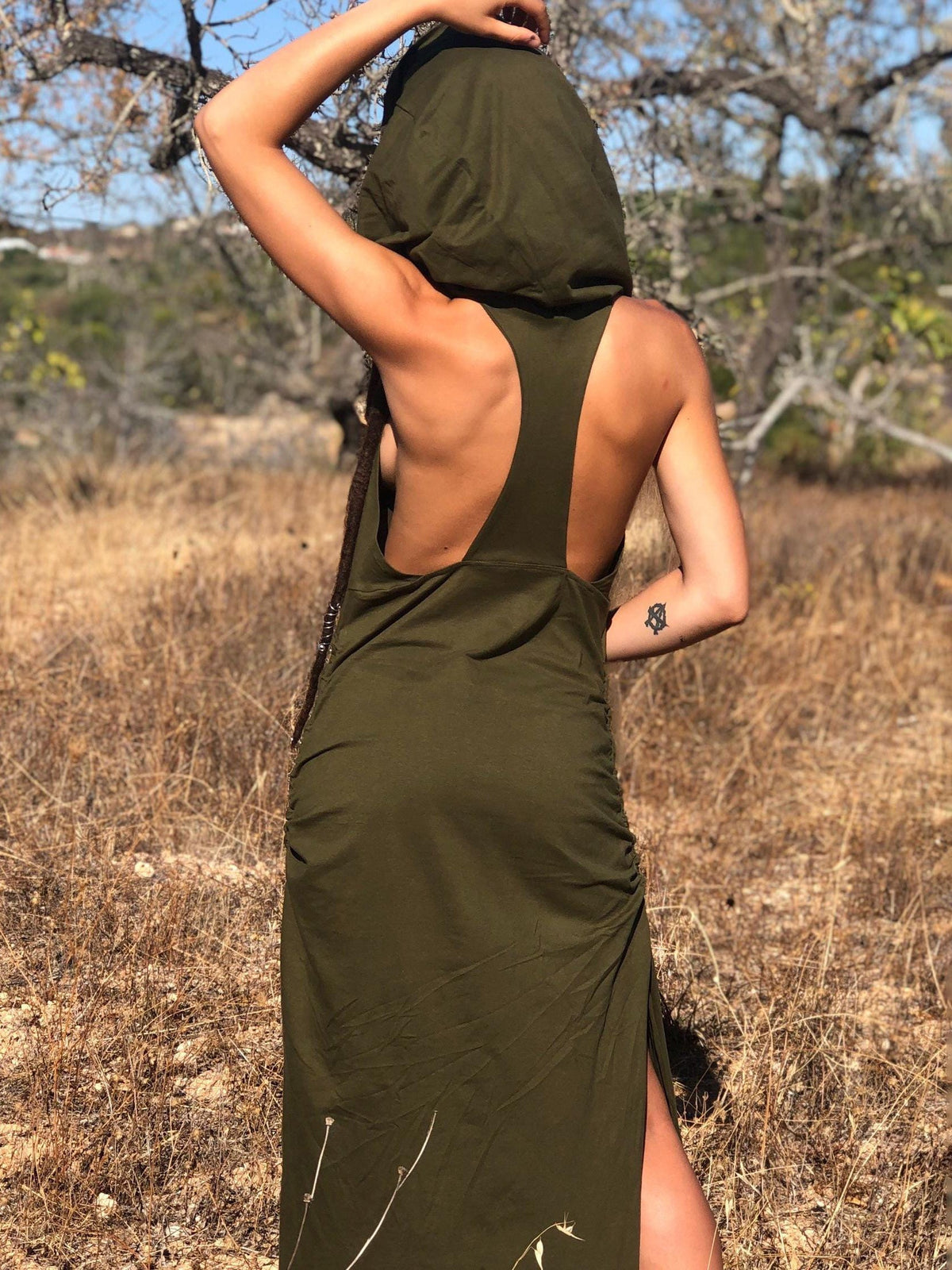 Boho Racerback Maxi Dress: Cotton Hooded Festival Dress