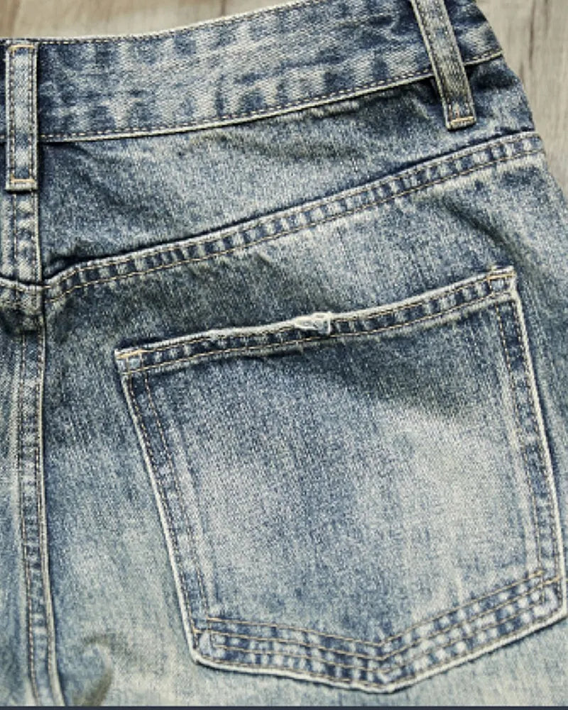 Vintage Ripped Letter©\Print Patch Distressed Straight©\Leg Denim Pants