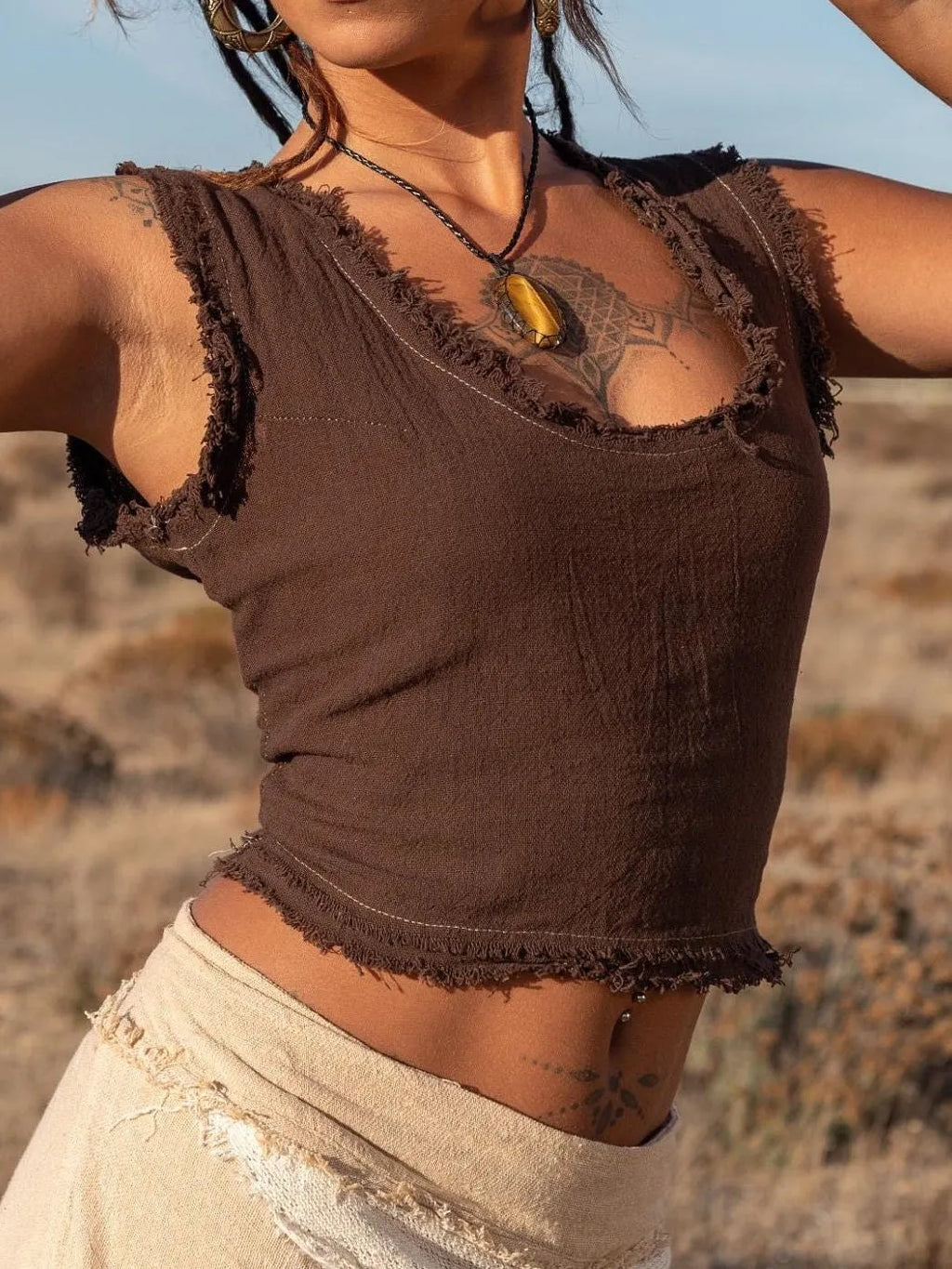Cotton Crop Top With Lace Up Back - Natural Boho Tank