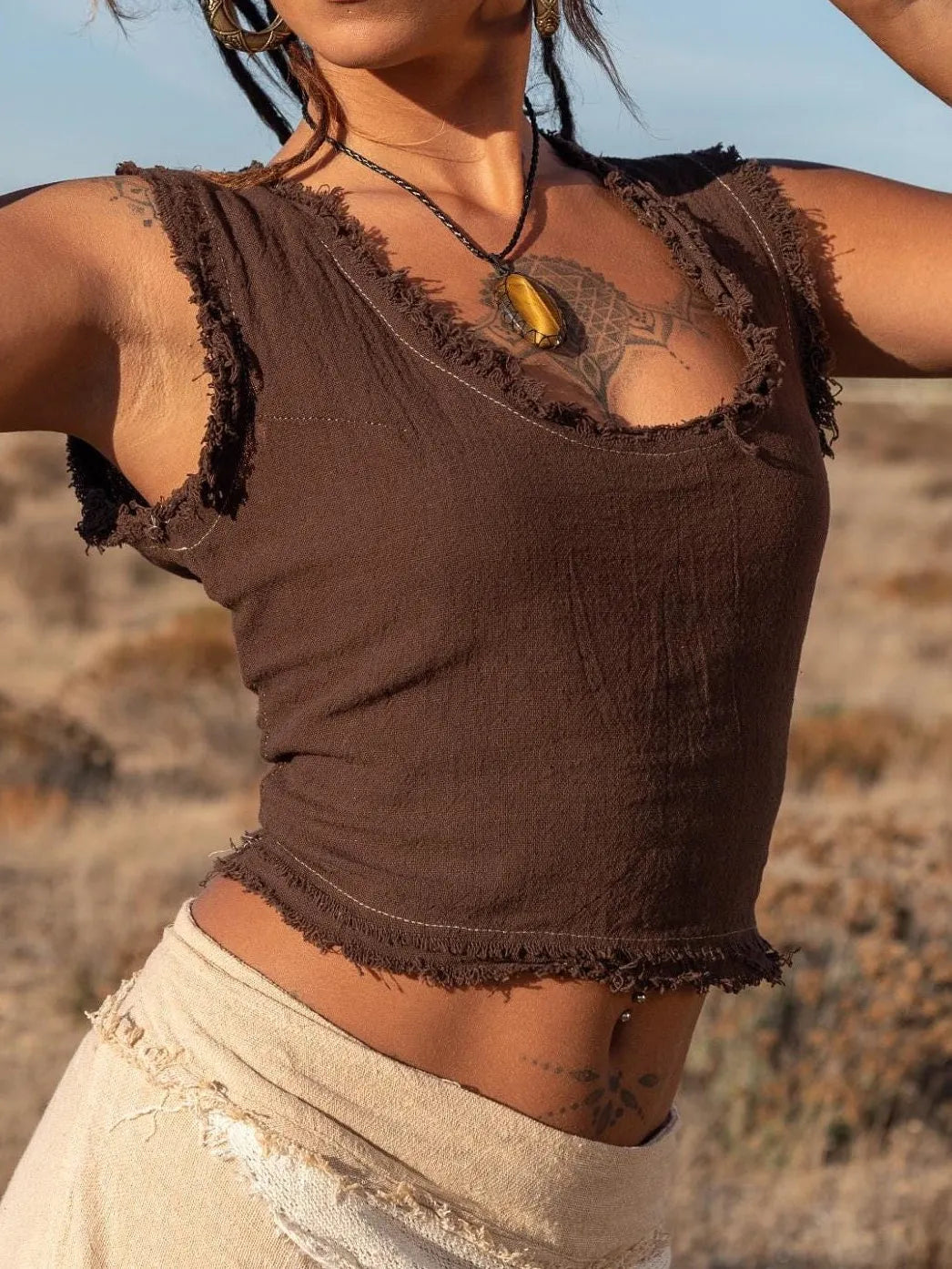 Cotton Crop Top With Lace Up Back - Natural Boho Tank