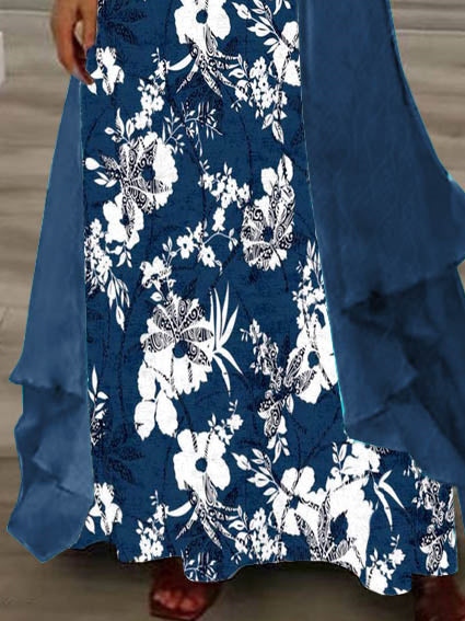 Women's Long Sleeve V-neck Graphic Printed Two Pieces Maxi Dress