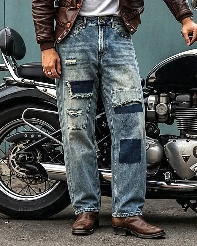 Vintage Faded©\Wash Denim Patchwork Distressed Jeans
