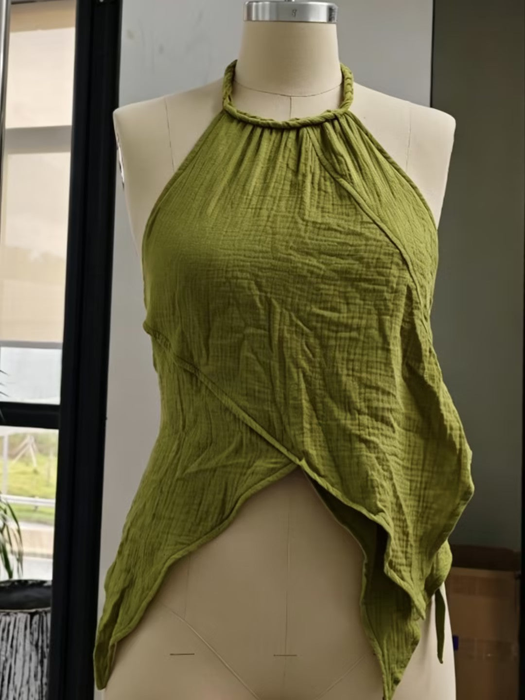 Braided Halter Neck Asymmetric Cotton Linen Top
