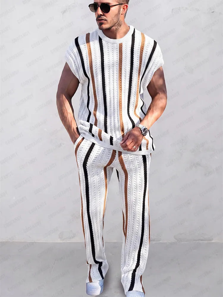Trendy Stripes Openwork Knit Set