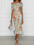 Elegant Off Shoulder Short-sleeved Floral Dress