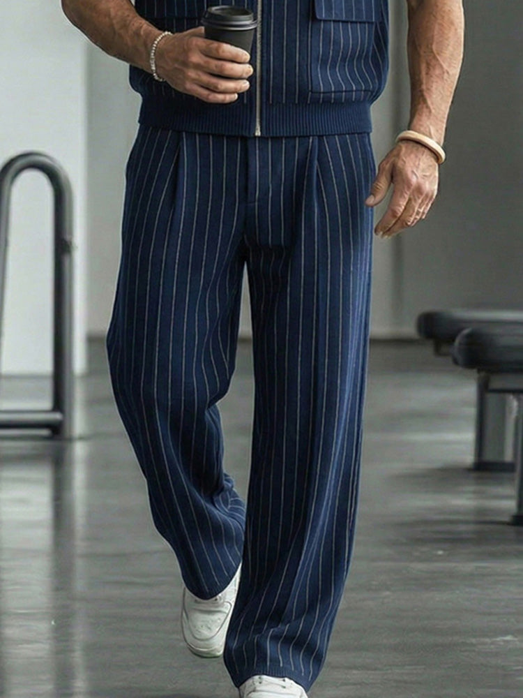Urban Casual Pinstripe Zip Up Vest Pants Set