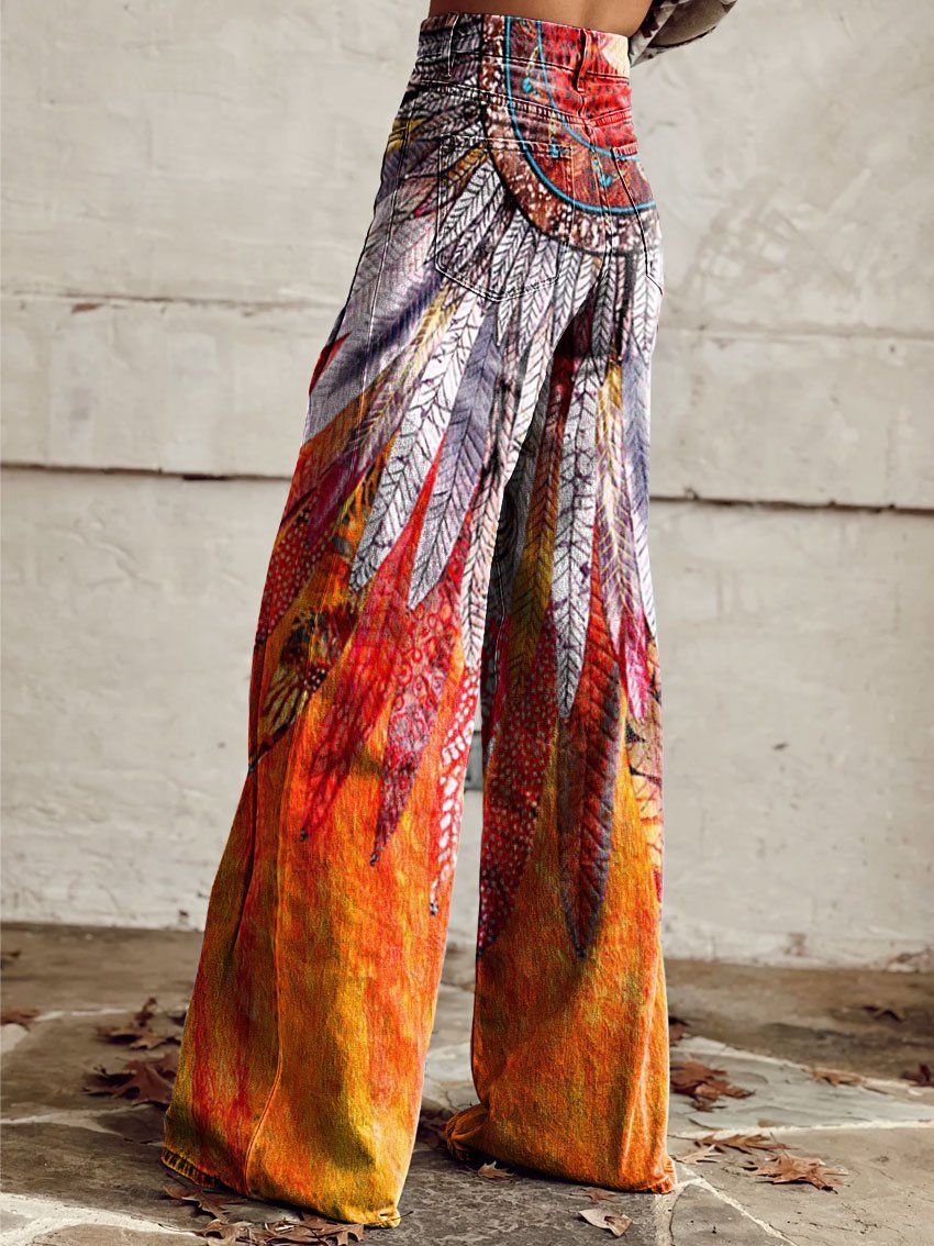 Women's Vintage Lrregular Totem Print Casual Wide Leg Pants