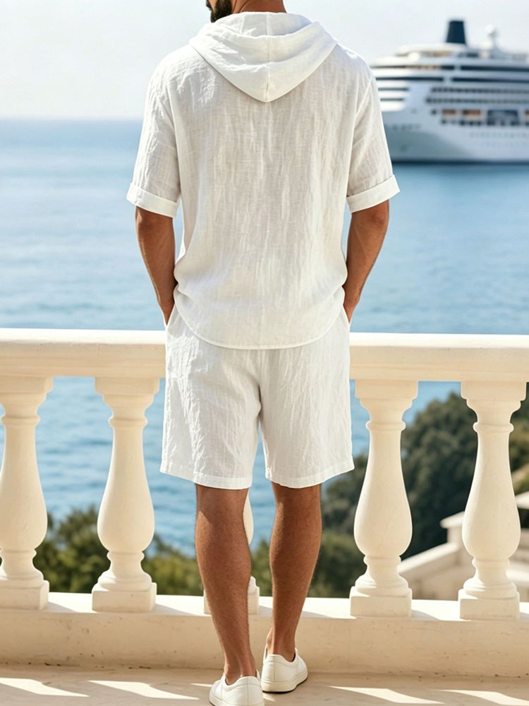Washed Cotton Linen Hoodie 2-Piece Short