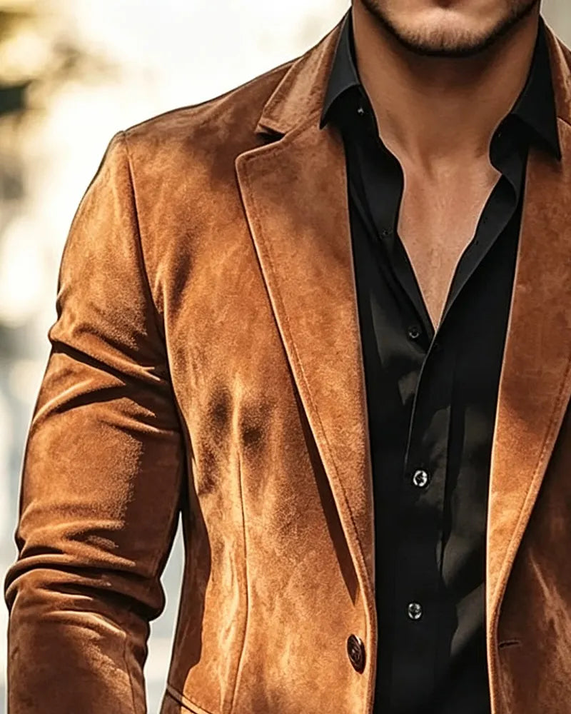 Retro Vintage Brown Suede Effect Single Breasted Blazer