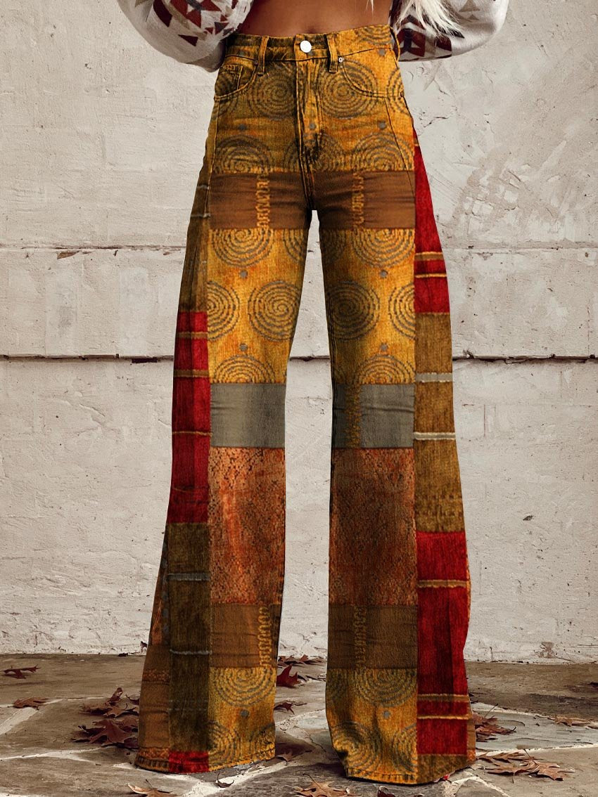 Women's Brown Panels Print Casual Wide Leg Pants