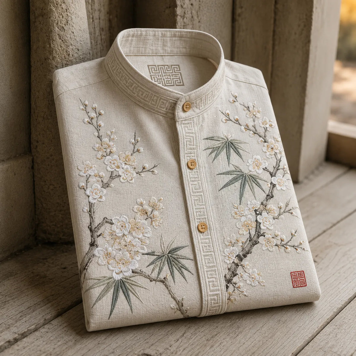 Men's Retro Plum Blossom & Bamboo Oriental Style Print Casual Stand Collar Shirt