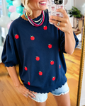 Apple Embroidered Wave Trim Pullover