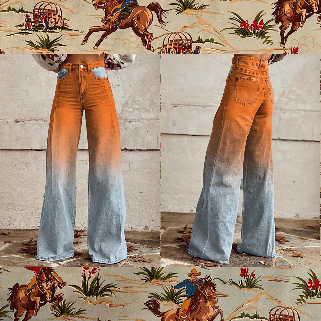 Women's Orange Light Blue Print Casual Wide Leg Pants