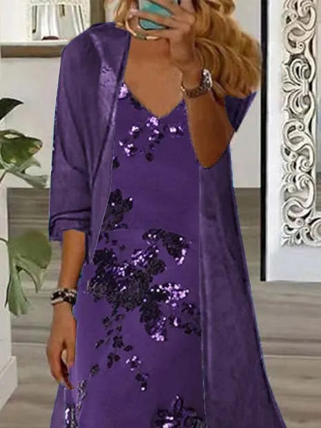 Nextmacys-Women's Long Sleeve V-neck Graphic Printed Two Pieces Maxi Dress