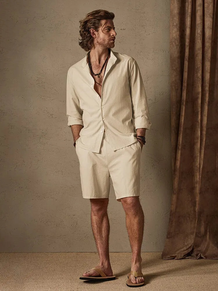 Casual Solid Color Cotton Linen Beach Shirt Set