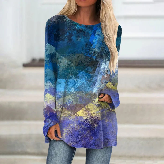 Fashion Ladies Long Sleeve Printed Round Neck Top T-Shirts