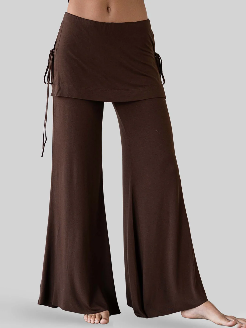 Faux Two-Piece Skirt-Waistband Wide Leg Pants with Dual Adjustable Side Ties and Draped Flow