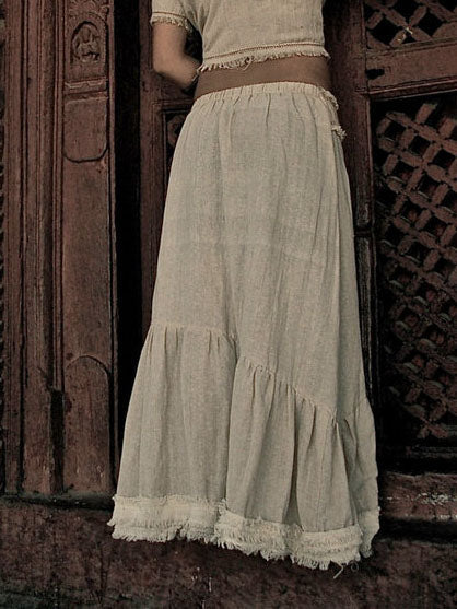 Cotton Linen Maxi Skirt with Raw Hem and Patchwork Detail