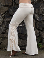 High-Waist Side Ruched Drawstring Ruffle Flare Pants with Fold-Over Waistband