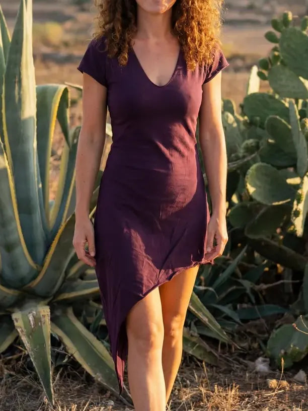 Plum Asymmetrical Cotton Knit Pixie Dress ¨C Bohemian V-Neck Summer Tunic