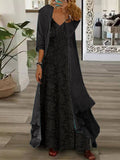 Nextmacys-Women's Long Sleeve V-neck Graphic Printed Two Pieces Maxi Dress