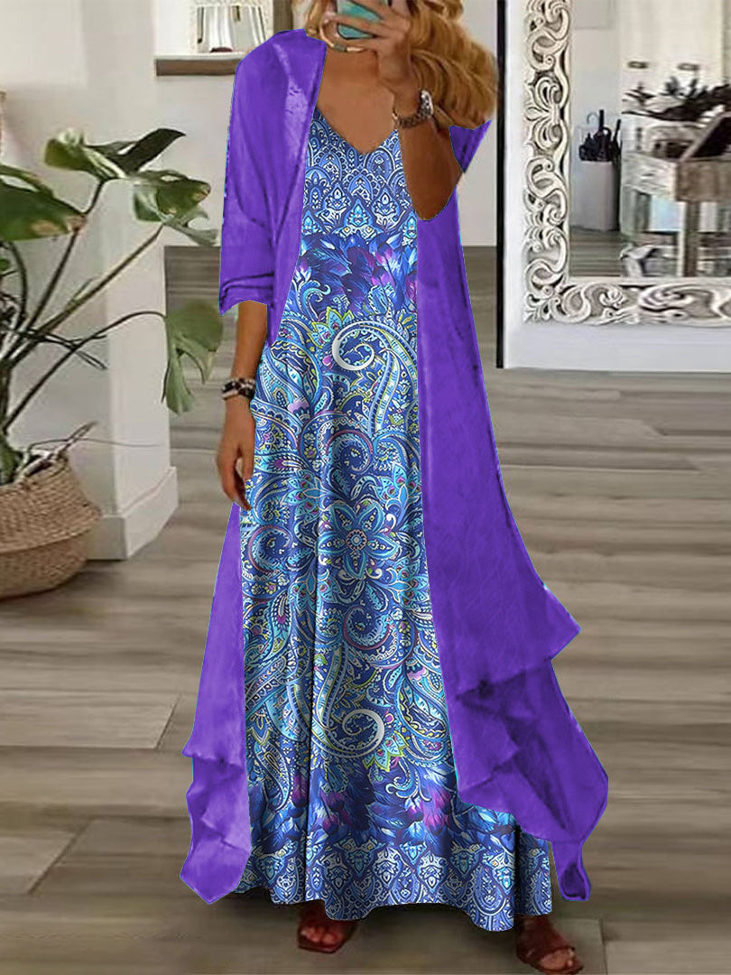 Women's Long Sleeve V-neck Floral Printed Two Pieces Maxi Dress