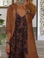 Women's Long Sleeve V-neck Floral Printed Two Pieces Maxi Dress