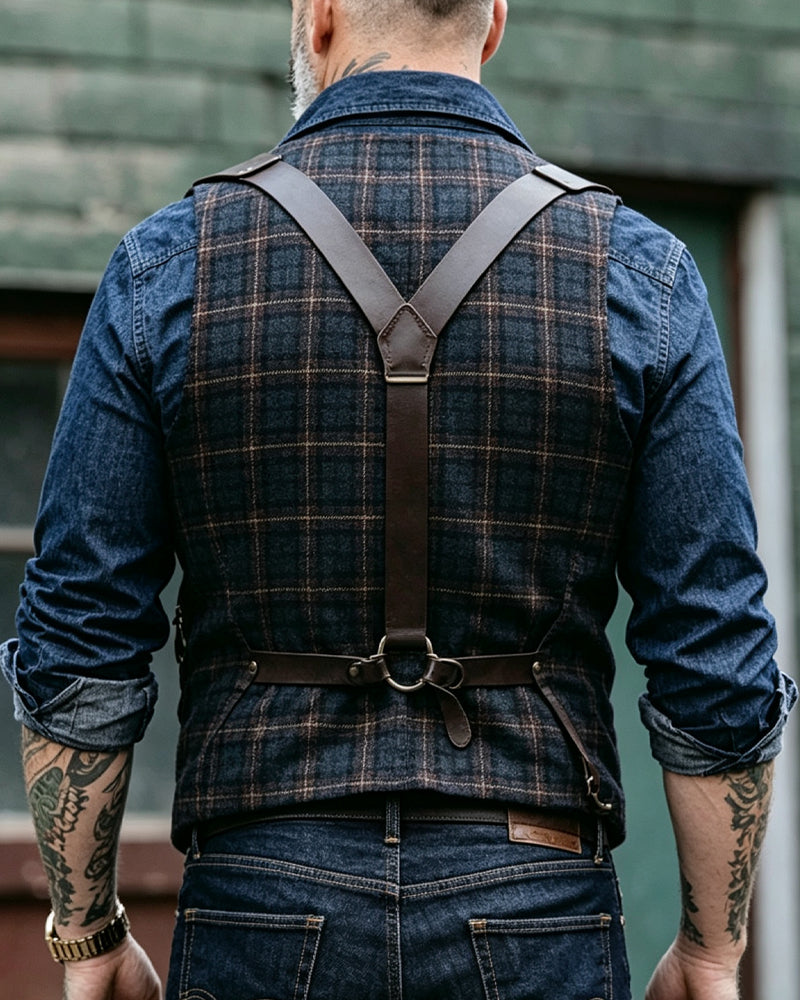 Vintage Navy Blue Plaid Single-breasted Vest