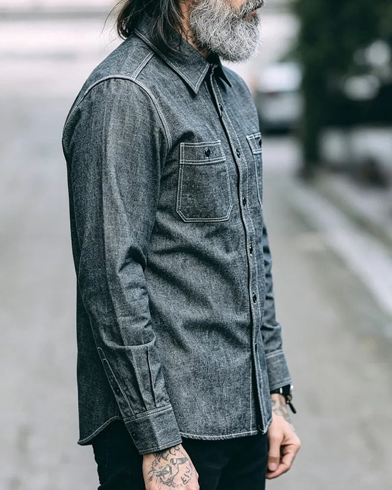 Vintage Charcoal Gray Double Patch Pockets Textured Shirt