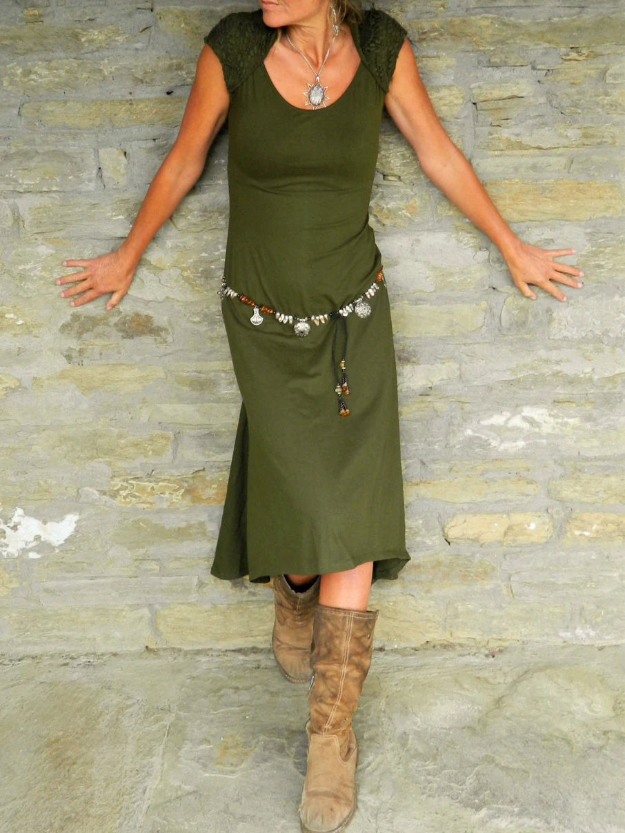 Asymmetric Midi Dress with Cutout Cape and Patchwork Detail