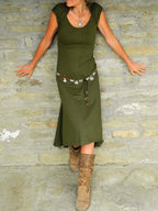 Asymmetric Midi Dress with Cutout Cape and Patchwork Detail