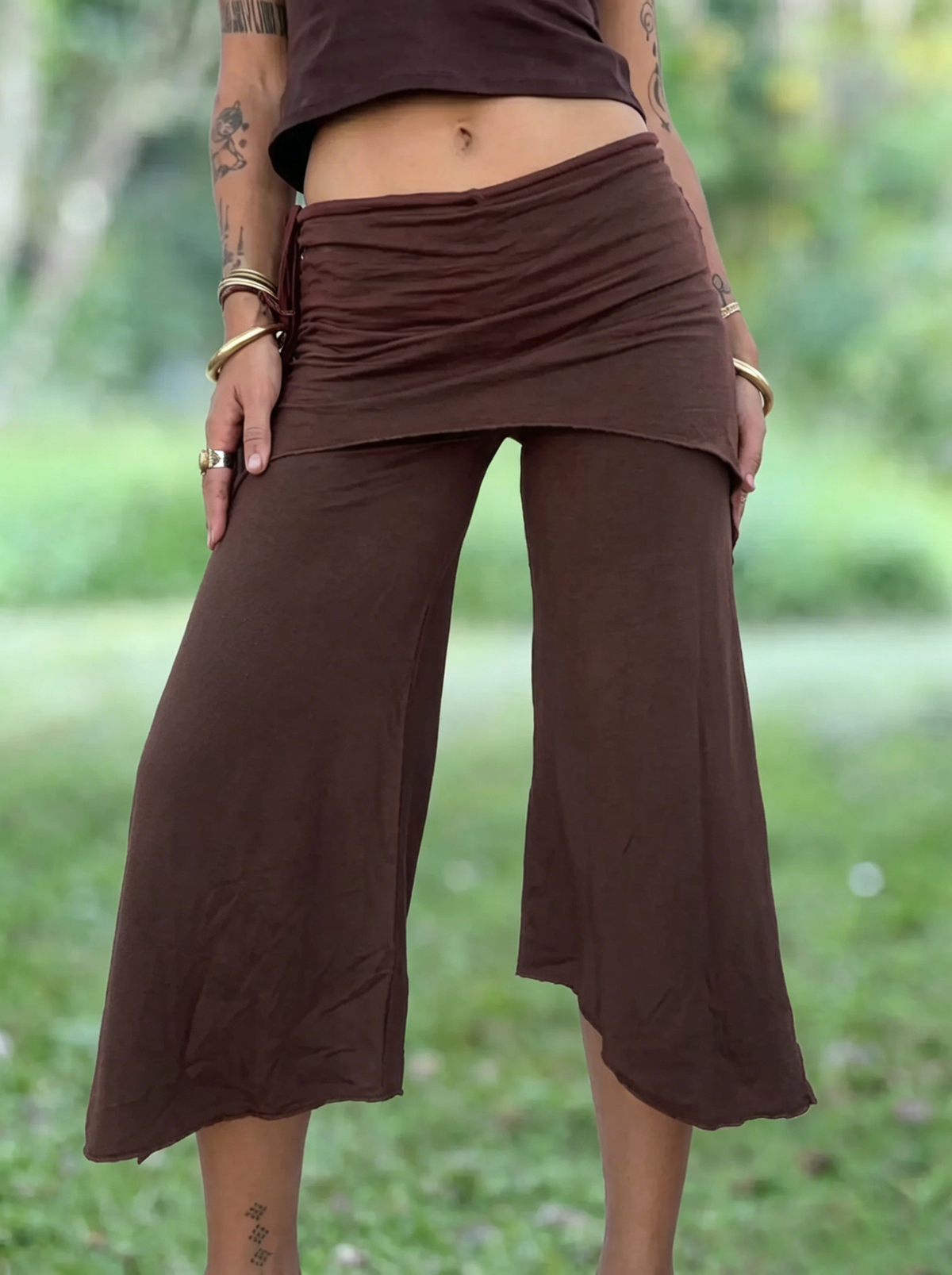 Drawstring Faux Two-Piece Asymmetric Cropped Wide Leg Pants