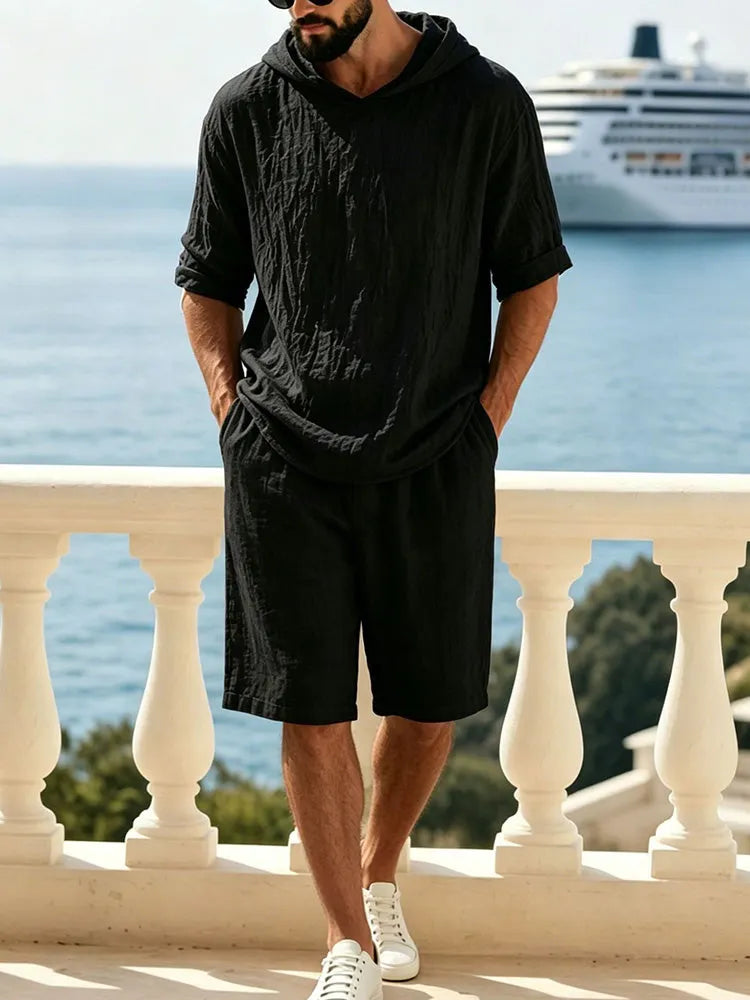 Washed Cotton Linen Hoodie 2-Piece Short