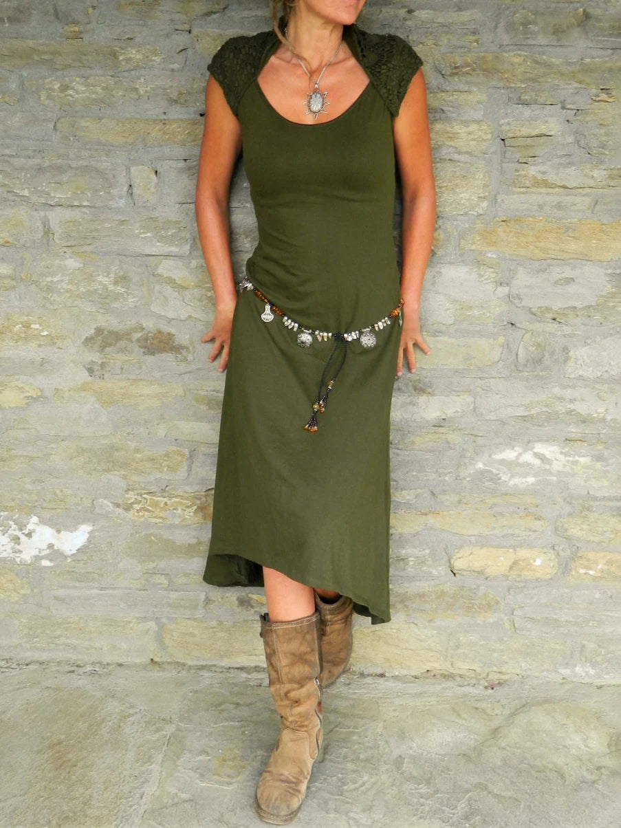 Asymmetric Midi Dress with Cutout Cape and Patchwork Detail