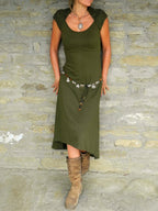 Asymmetric Midi Dress with Cutout Cape and Patchwork Detail