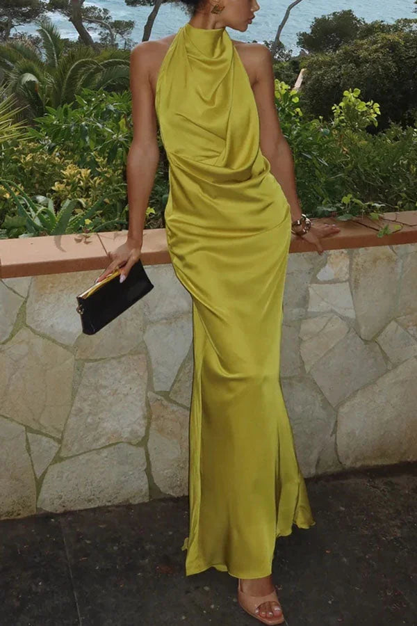 Elegant and Refined Satin Halter Draped Neck Backless Maxi Dress