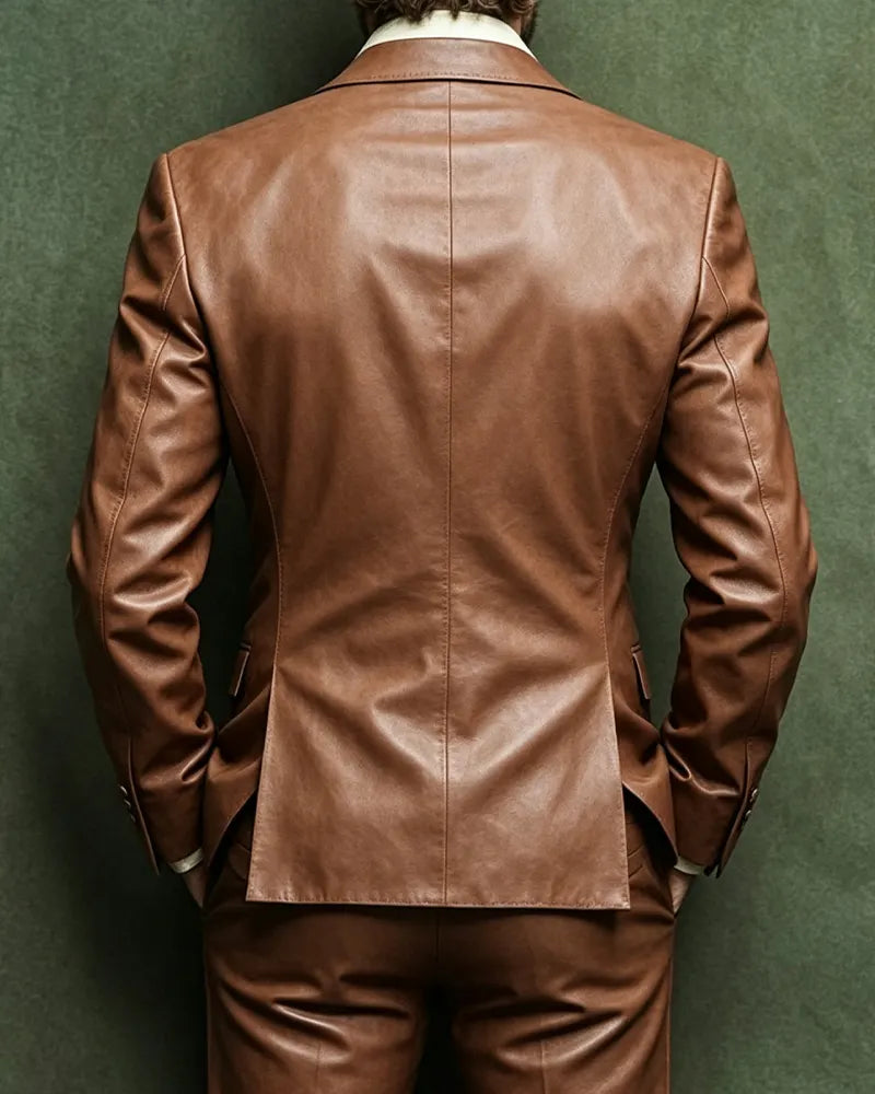 Retro  70s Retro Cognac Brown Double©\Breasted Leather Blazer