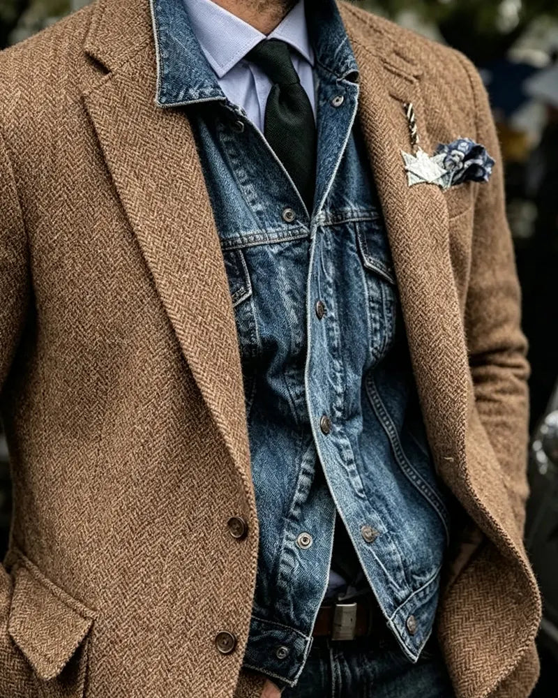 Retro Brown Herringbone Single-breasted Casual Blazer