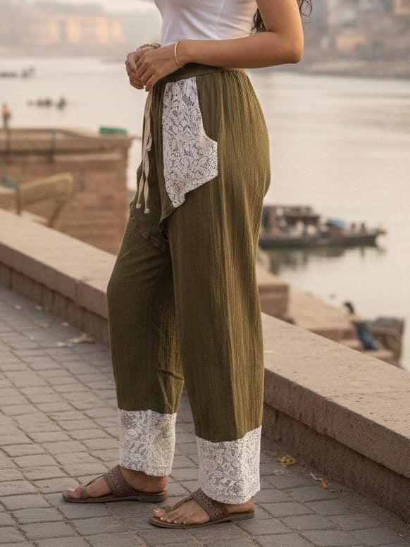 Boho Wide Leg Pants with Lace Panel Detail - Daksh Hrem Pant