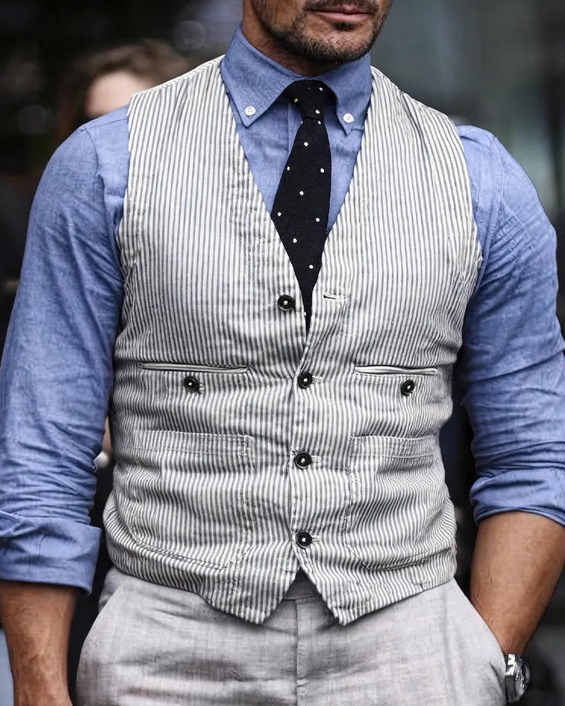 Vintage Gray Striped V-neck Vest