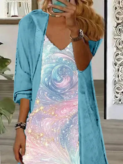 Women's Long Sleeve V-neck Floral Printed Two Pieces Maxi Dress
