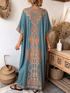 Women's Casual Loose Cotton-linen Dress With Placement Print V-neck And 3/4 Sleeves