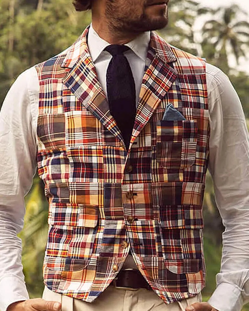 Vintage Multi-colored Plaid V-neck Vest