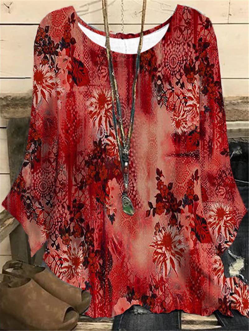 Elegant Loose Long Sleeve Pullover Flower Printing T-shirt
