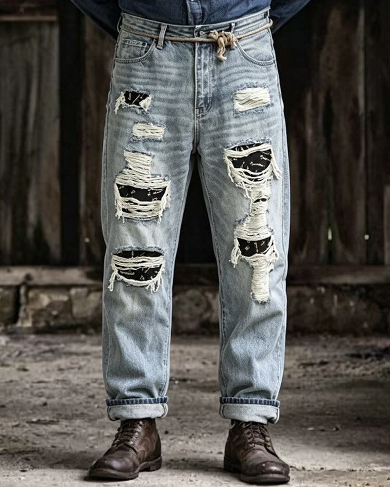 Vintage Ripped Letter©\Print Patch Distressed Straight©\Leg Denim Pants