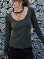 Boho basic u©\neck long sleeve crop top, stretch knit fitted casual festival top