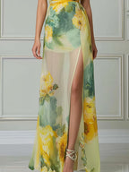 Elegant Yellow Floral Print Chiffon Maxi Dress