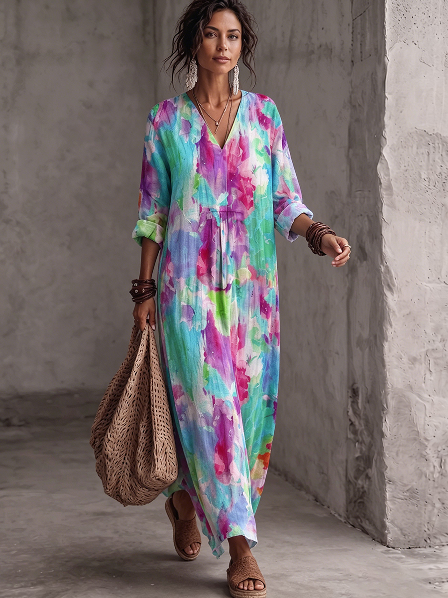 Glamorous Artistic Watercolor Cotton-linen Dress